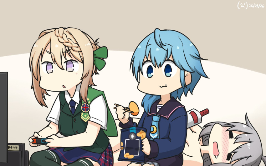 3girls =_= ahoge alcohol asymmetrical_hair badge black_sailor_collar black_shorts blonde_hair blue_eyes blue_hair blue_neckwear blue_shirt blue_skirt bottle braid braided_bun cape chips closed_eyes commentary_request crescent crescent_moon_pin dated dress_shirt drunk food frilled_shorts frills gangut_(kantai_collection) green_cape green_legwear green_vest grey_hair hamu_koutarou highres indian_style kantai_collection long_hair lying minazuki_(kantai_collection) multiple_girls necktie nintendo_switch perth_(kantai_collection) plaid plaid_skirt pleated_skirt potato_chips sailor_collar school_uniform serafuku shirt short_hair short_sleeves shorts sitting skirt television thighhighs vest vodka white_shirt