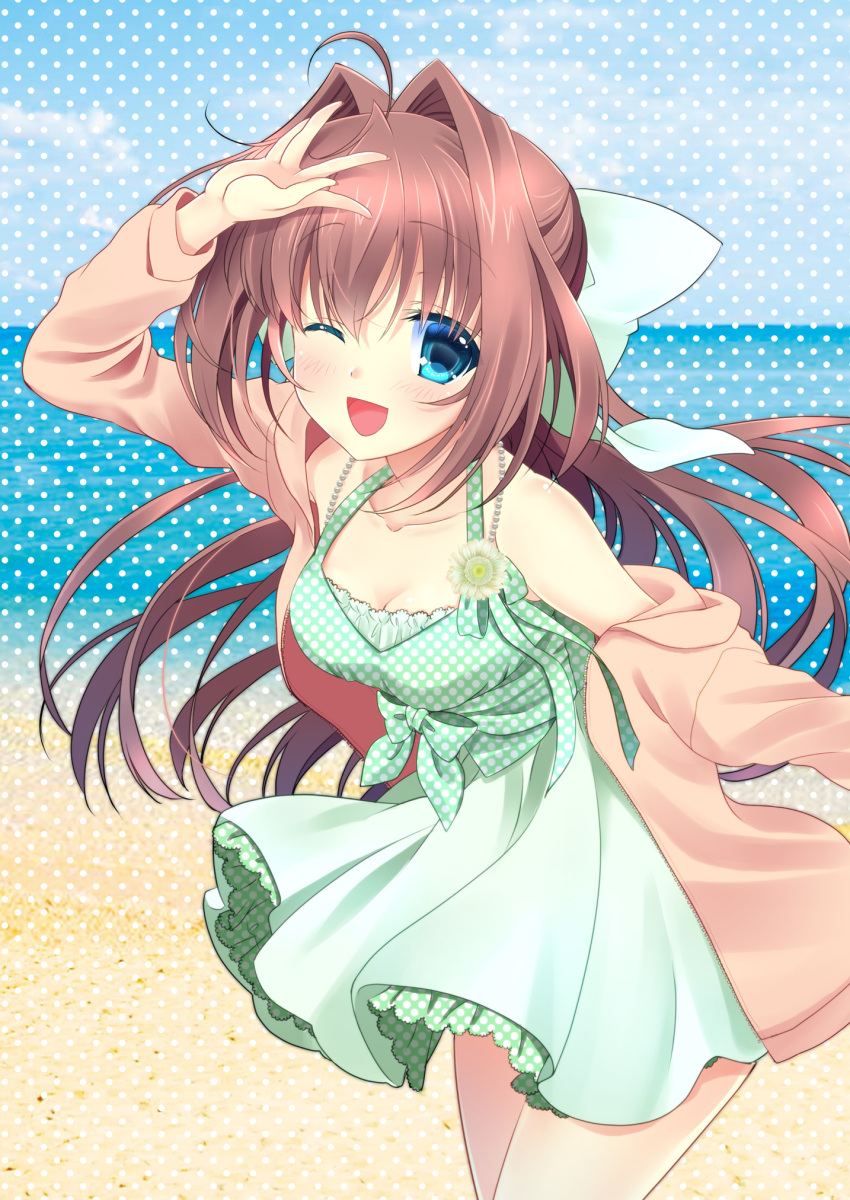 ahoge asakura_otome bare_shoulders beach blue_eyes blush bow breasts brown_hair cleavage cloud cloudy_sky collarbone commentary_request da_capo da_capo_ii dotted_background dress dress_lift eyebrows_visible_through_hair green_bow green_dress hair_between_eyes hair_bow hair_intakes hand_up highres jacket kayura_yuka layered_dress long_hair looking_at_viewer ocean one_eye_closed open_clothes open_jacket open_mouth orange_jacket sky sleeveless sleeveless_dress small_breasts smile sundress very_long_hair