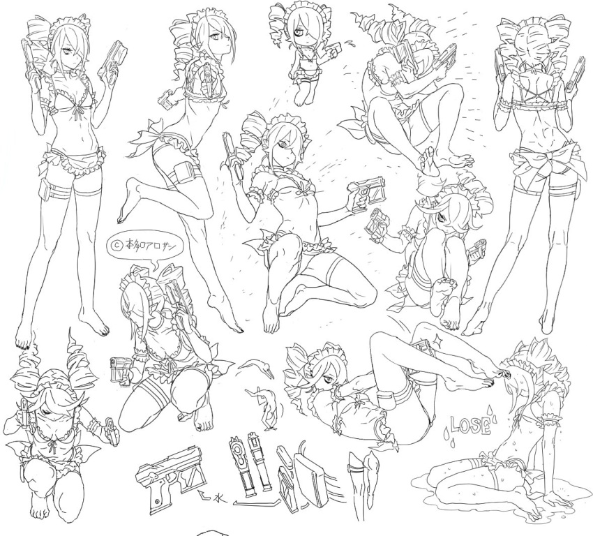 1girl back barefoot bikini borrowed_character bow choker closed_mouth cosmic_bear drill_hair dripping dual_wielding frilled_bikini frills greyscale hair_over_one_eye holding maid_headdress monochrome navel original pose pouch puddle solo speech_bubble swimsuit toenails twintails water_gun wet