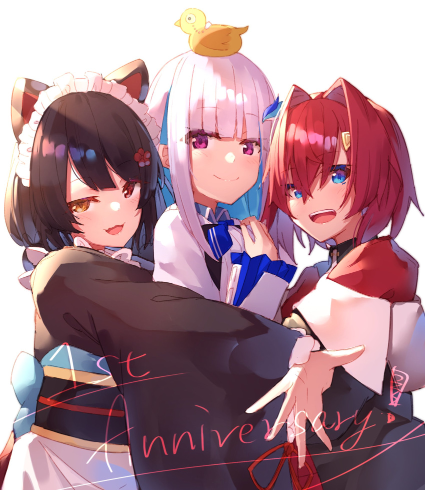 3girls ange_katrina animal_ears animal_on_head anniversary bangs black_hair blue_eyes blue_hair blunt_bangs blush closed_mouth dog_ears dog_girl dog_hair_ornament flower hair_between_eyes hair_flower hair_intakes hair_ornament hairclip heterochromia highres hug inui_toko jacket japanese_clothes lize_helesta long_hair long_sleeves looking_at_viewer low_twintails maid_headdress monocle multicolored_hair multiple_girls nijisanji obi on_head open_mouth outstretched_arm red_eyes red_hair red_jacket sash short_hair simple_background smile twintails two-tone_hair virtual_youtuber wa_maid white_background white_hair yellow_eyes yuuki_nao_(pixiv10696483)