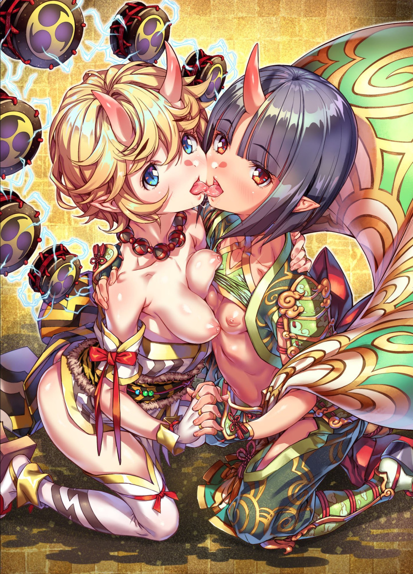 2girls armor ass asymmetrical_docking bare_shoulders black_hair blonde_hair blue_eyes blush breast_press breasts cheek-to-cheek clothes_down collarbone dark_skin drum eyebrows_visible_through_hair fingerless_gloves french_kiss full_body fundoshi fur_trim geta gloves gold_trim hand_on_another's_shoulder highres holding_hands horns hug instrument interlocked_fingers japanese_armor japanese_clothes jewelry kink kiss kneeling lightning looking_at_viewer medium_breasts mitsudomoe_(shape) multiple_girls navel necklace oni oni_horns open_mouth original pointy_ears red_eyes red_ribbon ribbon saliva saliva_trail sandals shirt_lift short_hair shoulder_armor skin-covered_horns small_breasts smile sode thighhighs tomoe_(symbol) towako_(akane_shinsha) yuri
