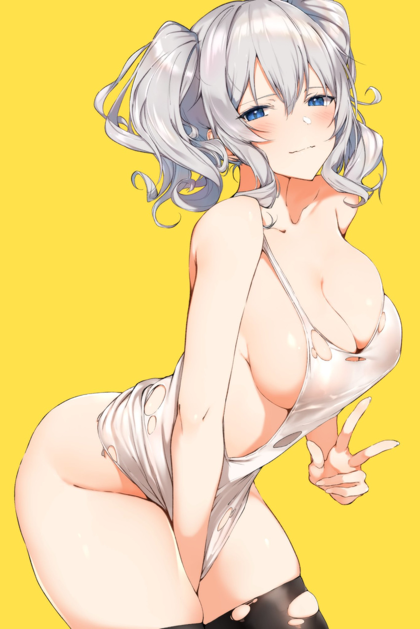 1girl alternate_hairstyle areolae black_legwear blue_eyes blush breasts commentary_request covered_nipples from_side hechi_(hechi322) highres kantai_collection kashima_(kantai_collection) large_breasts leaning_forward looking_at_viewer no_panties see-through shirt shirt_tug sideboob sidelocks silver_hair solo standing tank_top thighhighs torn_clothes torn_legwear twintails v wavy_hair wavy_mouth white_shirt yellow_background