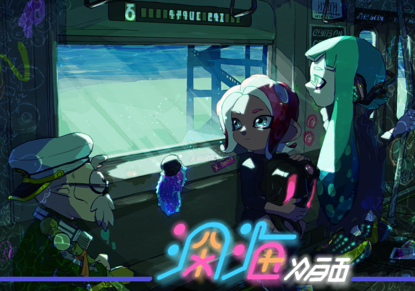 1boy 2girls backwards_hat bangs beard black_cape black_footwear black_shirt black_skirt blunt_bangs booru_(169b) cape closed_mouth commander_atarime commentary conductor_namako day domino_mask facial_hair glasses graffiti hat headgear hero_shot_(splatoon) highres holding holding_weapon ink_tank_(splatoon) inkling inkling_(language) light_particles long_hair long_sleeves looking_back makeup mascara mask medium_hair miniskirt multiple_girls octoling peaked_cap pointy_ears red_hair shirt shoes sitting skirt splatoon_(series) splatoon_2 splatoon_2:_octo_expansion squidbeak_splatoon standing suction_cups sunlight symbol_commentary train_interior underwater weapon white_headwear wind yellow_footwear