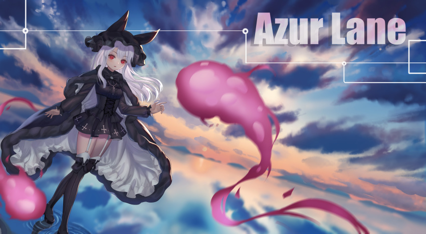 1girl absurdres azur_lane bangs black_dress blush cloak cloud dress erebus_(azur_lane) eyebrows_visible_through_hair garter_straps gradient_sky hair_between_eyes highres jiantai long_hair looking_at_viewer on_water red_eyes shirt silver_hair skirt sky solo thighhighs very_long_hair