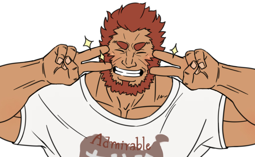 1boy beard blush chest closed_mouth double_v emotional_engine_-_full_drive facial_hair fate/grand_order fate/zero fate_(series) feiya6022 hands_up highres looking_at_viewer male_focus muscle parody pectorals red_hair rider_(fate/zero) shirt simple_background smile solo sparkle star t-shirt v white_background