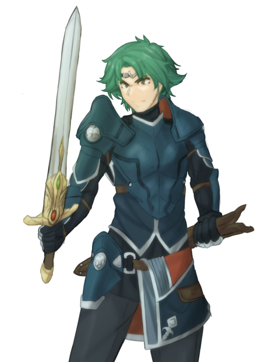 1boy alm_(fire_emblem) archived_source armor bangs breastplate brown_eyes closed_mouth collar crown determined faulds fighting_stance fire_emblem fire_emblem_echoes:_shadows_of_valentia fire_emblem_gaiden fire_emblem_heroes frown furrowed_eyebrows gauntlets gloves green_hair highres holding holding_sheath holding_sword holding_weapon male_focus parted_bangs pauldrons sheath shoulder_armor solo sword transparent_background tridisart weapon