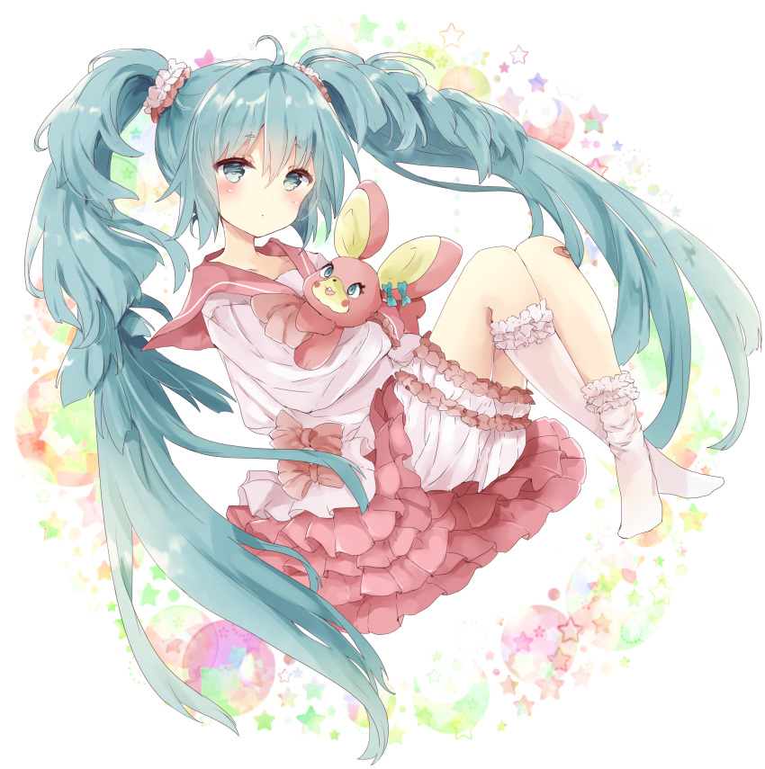 1girl absurdres ahoge asymmetrical_legwear bangs bloomers blush closed_mouth crescent crossed_legs eyebrows_visible_through_hair frilled_legwear full_body green_eyes green_hair hair_between_eyes hair_ornament hair_scrunchie hatsune_miku highres kneehighs kneehighs_pull layered_skirt looking_at_viewer lots_of_laugh_(vocaloid) no_shoes object_hug pink_scrunchie pleated_skirt red_sailor_collar red_skirt sailor_collar school_uniform scrunchie serafuku shirt sidelocks skirt solo star starry_background stuffed_animal stuffed_bunny stuffed_toy tsukiyo_(skymint) twintails underwear vocaloid white_background white_bloomers white_legwear white_shirt