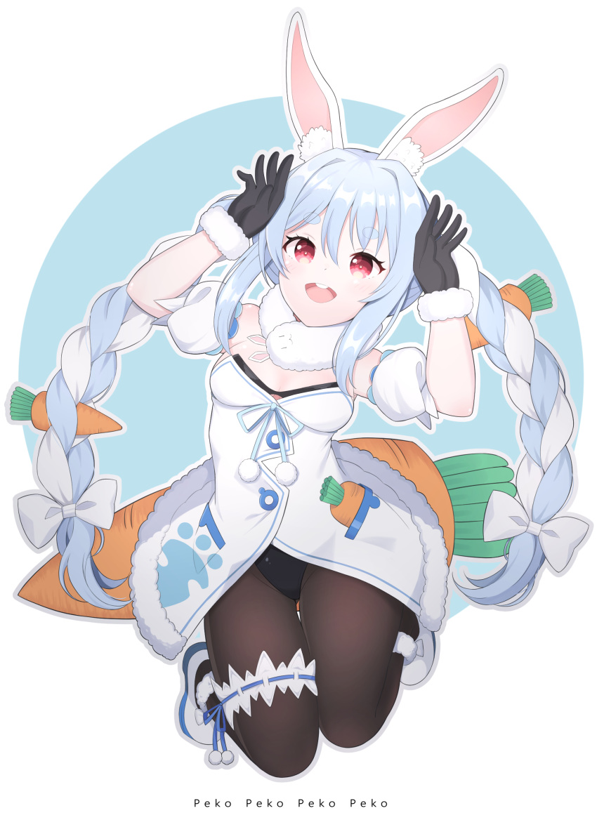 1girl :d absurdres animal_ear_fluff animal_ears arms_up bangs black_gloves black_leotard blue_background blue_hair bow braid brown_legwear bunny_ears carrot_hair_ornament commentary_request detached_sleeves dress eyebrows_visible_through_hair food_themed_hair_ornament full_body fur-trimmed_dress fur-trimmed_gloves fur_trim gloves grey_outline hair_between_eyes hair_bow hair_ornament highres hololive leotard multicolored_hair open_mouth outline pantyhose puffy_short_sleeves puffy_sleeves red_eyes round_teeth shoes short_eyebrows short_sleeves smile solo starfox1015 strapless strapless_dress strapless_leotard teeth thick_eyebrows twin_braids twintails two-tone_background two-tone_hair upper_teeth usada_pekora virtual_youtuber white_background white_bow white_dress white_footwear white_hair white_sleeves