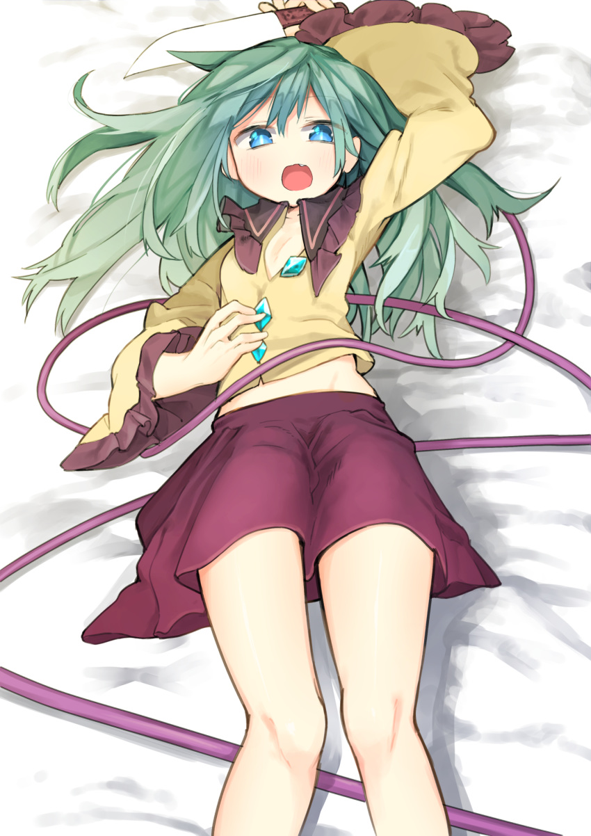 1girl aki_maki_yuu arm_up bed_sheet blue_eyes commentary_request fang green_hair highres komeiji_koishi long_hair long_sleeves looking_at_viewer lying midriff miniskirt on_back open_mouth purple_skirt shirt skirt solo touhou wide_sleeves yellow_shirt