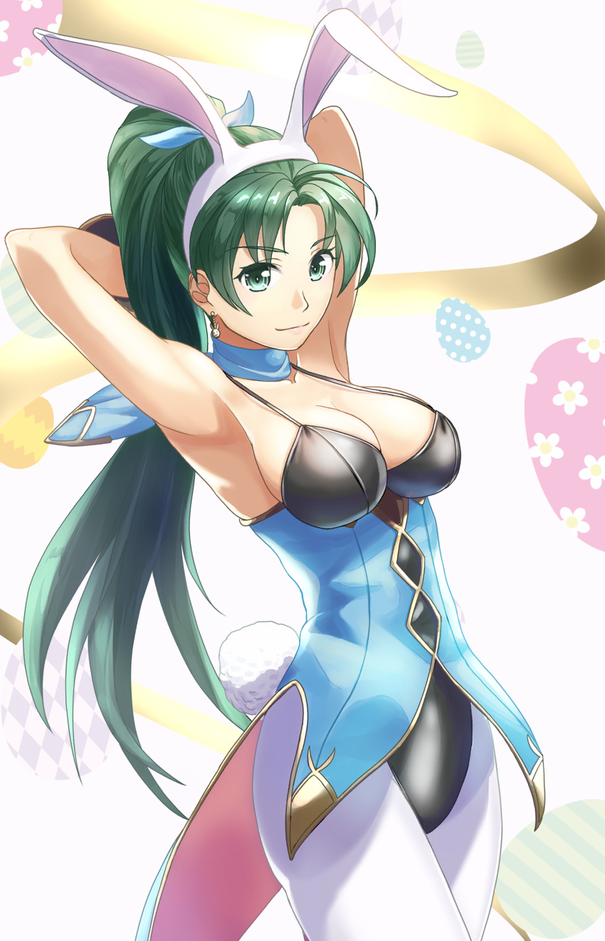 1girl absurdres animal_ears arms_up breasts bunny_ears cleavage closed_mouth earrings fake_animal_ears fire_emblem fire_emblem:_the_blazing_blade fire_emblem_heroes green_eyes green_hair gzo1206 highres jewelry long_hair lyn_(fire_emblem) pantyhose ponytail solo white_legwear