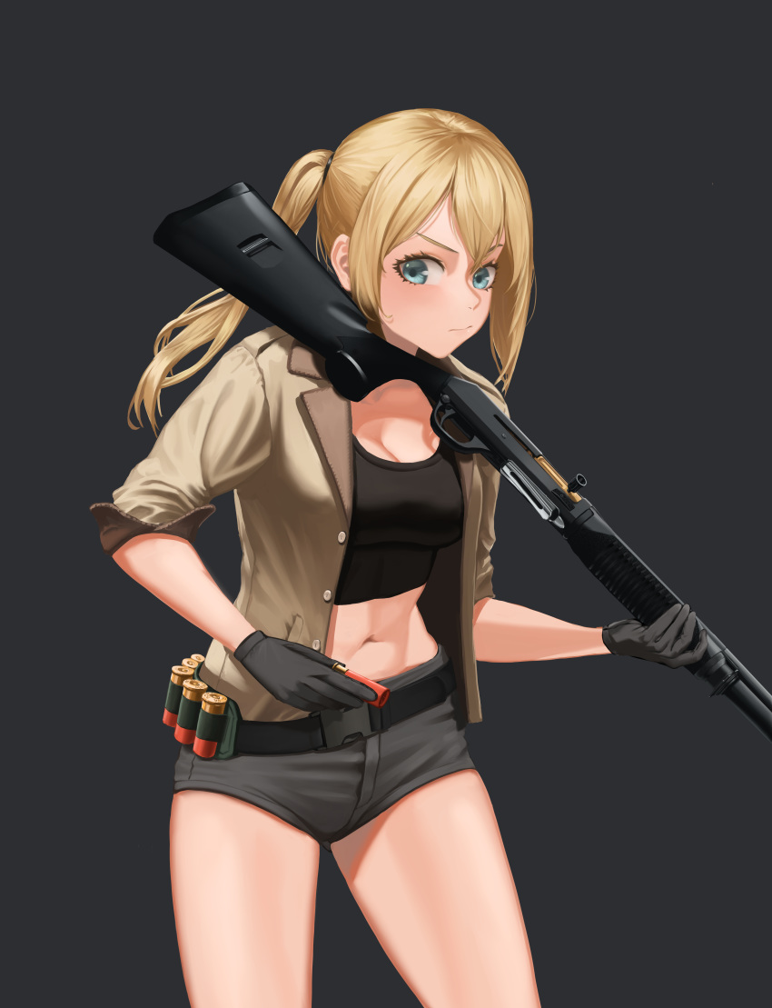 1girl absurdres benelli_m4 blonde_hair blue_eyes breasts cleavage commentary_request cureeper0210 gloves gun highres holding holding_gun holding_weapon korean_commentary midriff navel original short_shorts shorts shotgun shotgun_shells side_ponytail simple_background solo weapon