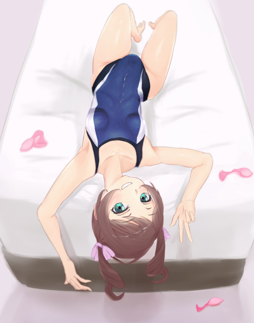 1girl blue_swimsuit blush breasts brown_hair competition_school_swimsuit condom covered_navel green_eyes highres itaba_yumi long_hair looking_at_viewer lydian_academy_swimsuit namime on_bed one-piece_swimsuit school_swimsuit senki_zesshou_symphogear shiny shiny_skin short_twintails small_breasts smile solo swimsuit teeth twintails used_condom v