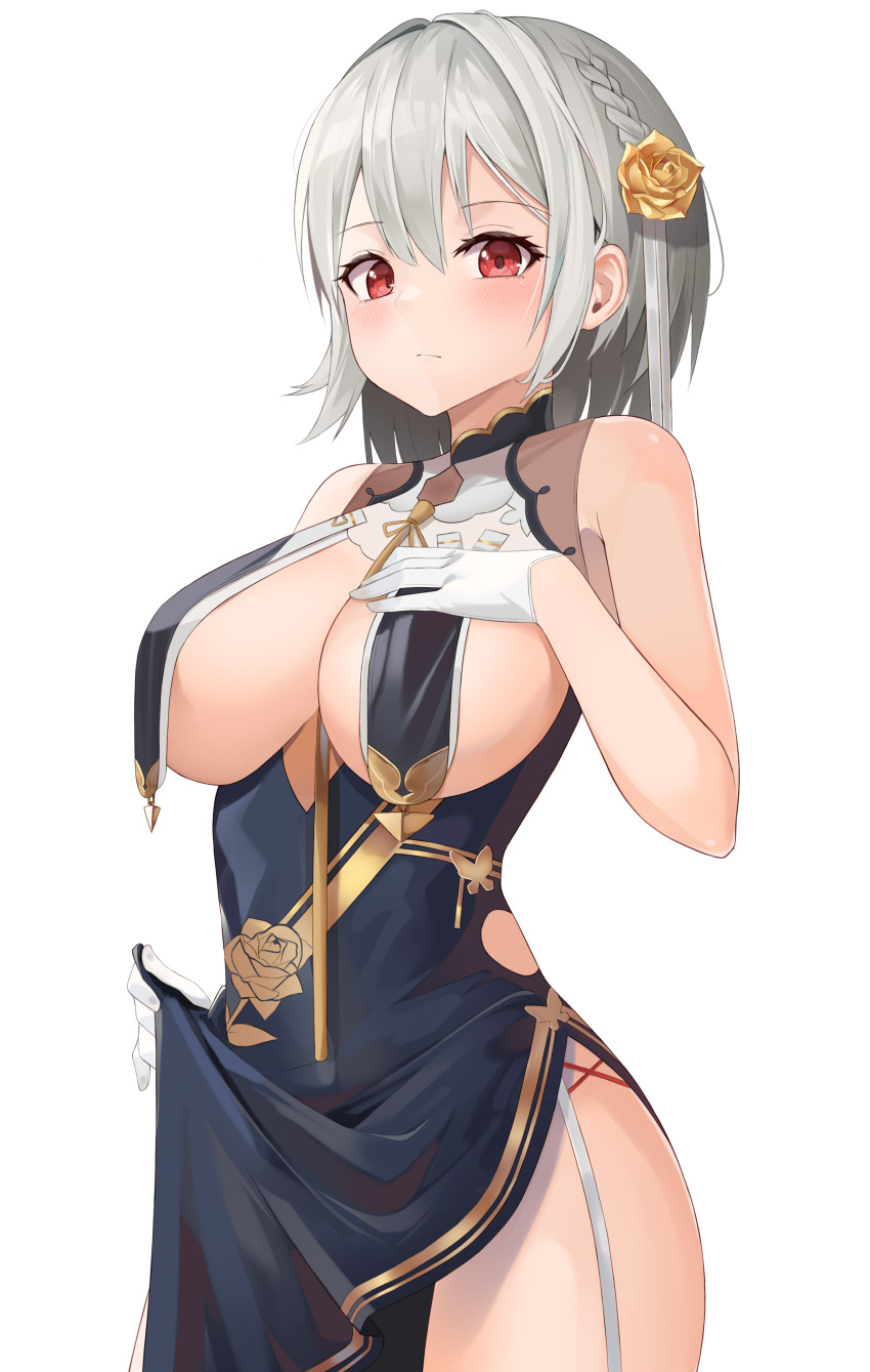 1girl absurdres azur_lane bangs bare_shoulders between_breasts blush braid breast_curtains breasts china_dress chinese_clothes cleavage dress floral_print flower garter_straps gloves grey_dress guntree hair_flower hair_ornament half_gloves hand_on_own_chest highres large_breasts looking_at_viewer neckwear_between_breasts pelvic_curtain red_eyes revealing_clothes short_hair side_braid side_slit sideboob silver_hair simple_background sirius_(azur_lane) sirius_(azure_horizons)_(azur_lane) solo white_gloves