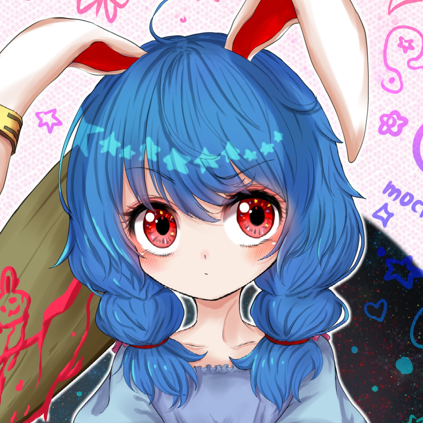 1girl :o abstract_background ambiguous_red_liquid animal_ears asymmetrical_eyebrows blue_dress blue_hair blush bunny_ears collarbone commentary_request dress ear_clip eyebrows_visible_through_hair face head_tilt highres kayon_(touzoku) kine looking_at_viewer low_twintails red_eyes seiran_(touhou) short_hair solo touhou twintails upper_body