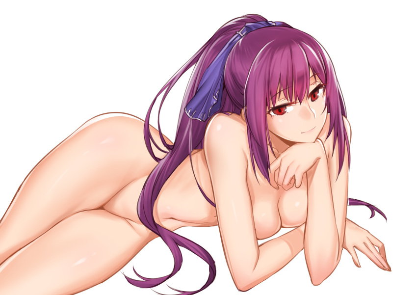 1girl absurdres bangs breasts fate/grand_order fate_(series) hair_between_eyes head_in_hand highres looking_at_viewer lying medium_breasts navel nude on_side onceskylark ponytail purple_hair scathach_(fate)_(all) scathach_skadi_(fate/grand_order) solo