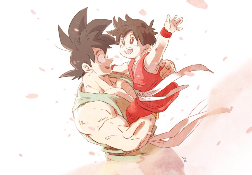 1boy 1girl :d amepati black_eyes black_hair carrying cherry_blossoms chest dougi dragon_ball dragon_ball_z dutch_angle eyelashes fingernails floating flower gradient gradient_background grandfather_and_granddaughter hand_on_another's_shoulder hand_up happy looking_at_another looking_up open_mouth pan_(dragon_ball) parted_lips pectorals petals pink_background pink_flower profile short_hair simple_background smile son_gokuu spiked_hair teeth tongue upper_body upper_teeth very_short_hair white_background wind wind_lift wristband