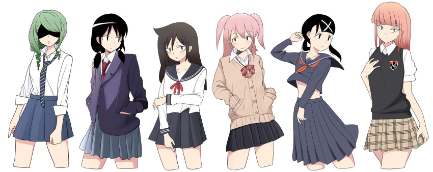 6+girls alternate_costume bangs black_hair blazer blunt_bangs cardigan hand_in_pocket highres itou_hikari jacket katou_asuka kuroki_tomoko long_hair low_twintails multiple_girls necktie nemoto_hina rena_(watamote) ribbon straight_hair sweater_vest tamura_yuri twintails two_side_up wani_doriru watashi_ga_motenai_no_wa_dou_kangaetemo_omaera_ga_warui!