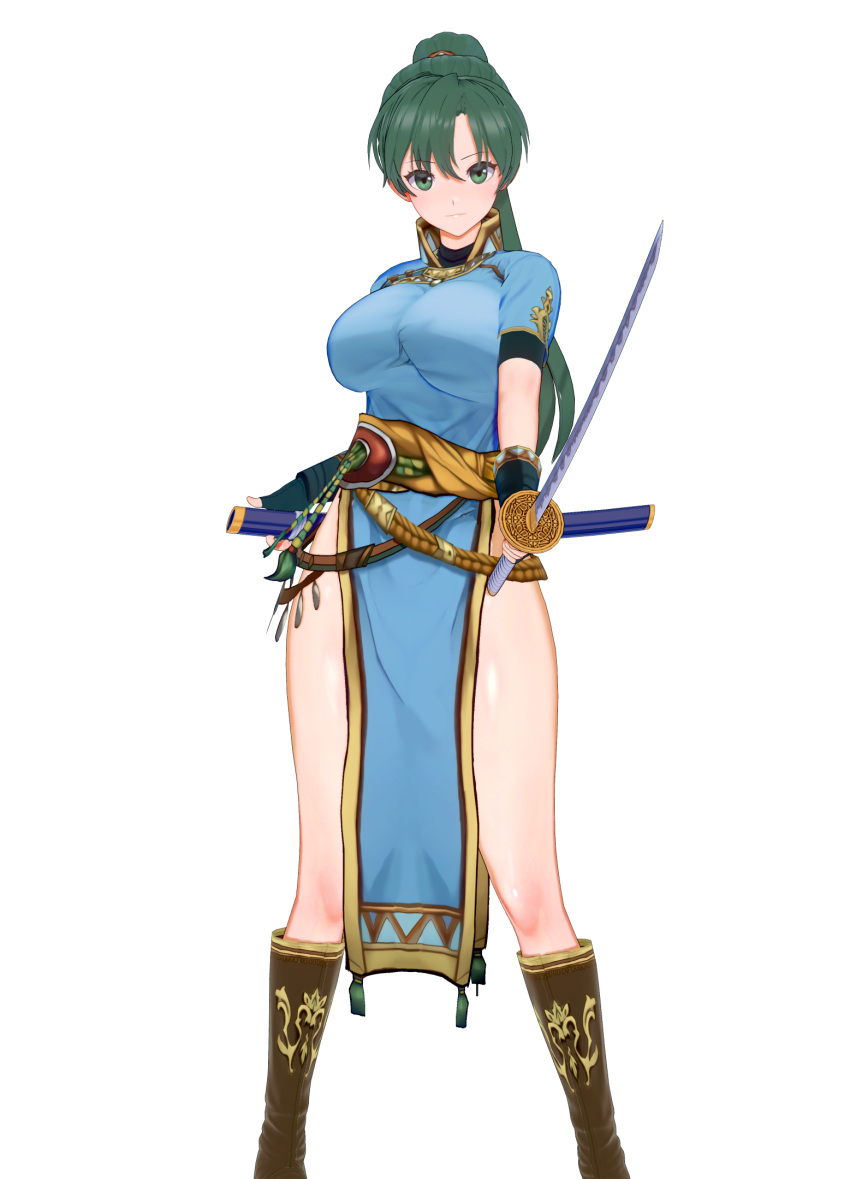 1girl artist_request bangs belt breasts brown_footwear closed_mouth fingerless_gloves fire_emblem fire_emblem:_the_blazing_blade fire_emblem_heroes full_body gloves green_eyes green_hair highres holding holding_sword holding_weapon koikatu large_breasts lips long_hair looking_at_viewer lyn_(fire_emblem) pelvic_curtain ponytail sheath short_sleeves simple_background solo standing sword thighs tied_hair weapon white_background
