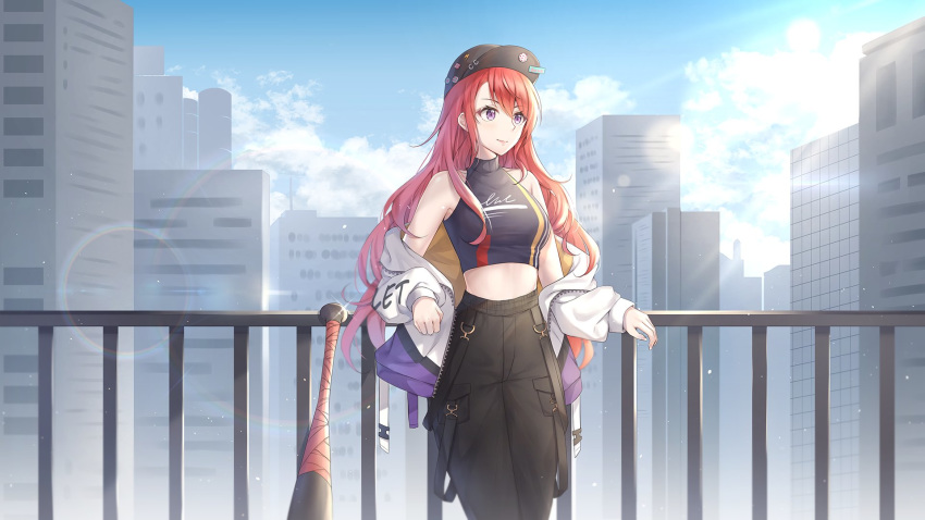 1girl baseball_bat baseball_cap black_headwear closed_mouth commission crop_top cuna_(qunya) day eyebrows_visible_through_hair hat highres jacket long_hair looking_away original outdoors purple_eyes railing red_hair sleeveless smile solo wallpaper wavy_hair white_jacket