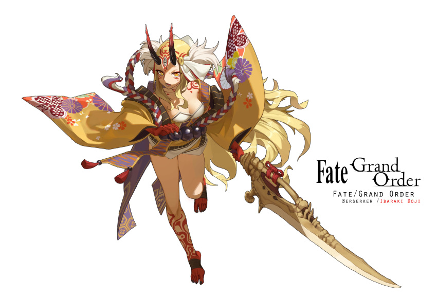 1girl absurdres bare_shoulders barefoot belt black_nails blonde_hair breasts character_name cleavage copyright_name facial_mark fate/grand_order fate_(series) floral_print full_body headwear highres holding holding_sword holding_weapon ibaraki_douji_(fate/grand_order) japanese_clothes kimono long_hair oni oni_horns open_mouth simple_background solo sword tattoo weapon white_background yellow_eyes yuzhou_xingshi_bu_li_dong_ni
