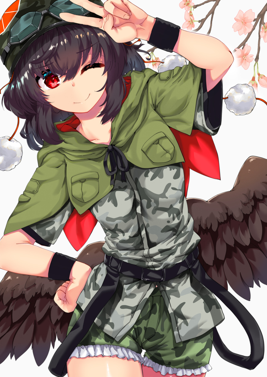 1girl absurdres alternate_costume alternate_headwear black_hair black_wings black_wristband camouflage camouflage_headwear camouflage_shirt camouflage_shorts flower frilled_shorts frills googles highres looking_at_viewer pom_pom_(clothes) red_eyes shameimaru_aya shirokaba114 short_hair shorts simple_background solo touhou touhou_cannonball v wings