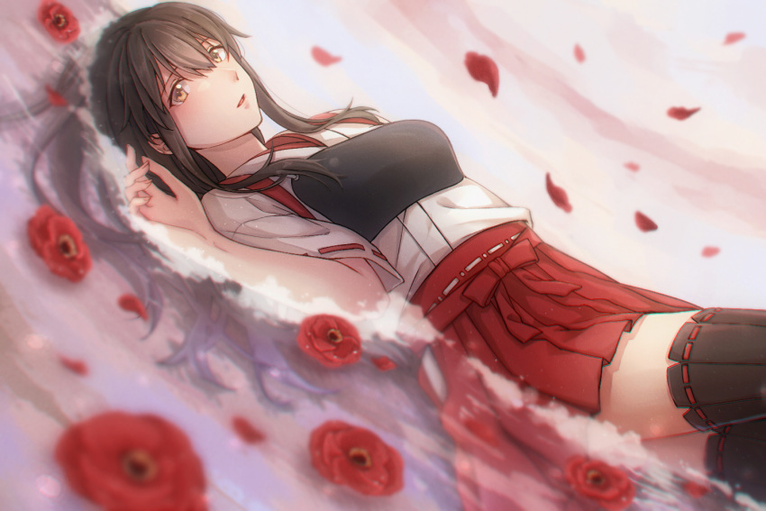 1girl akagi_(kantai_collection) asakawa_shinka black_legwear brown_eyes brown_hair flower hakama_skirt japanese_clothes kantai_collection long_hair lying muneate on_back red_flower red_skirt remodel_(kantai_collection) ribbon-trimmed_sleeves ribbon_trim skirt solo straight_hair tasuki thighhighs