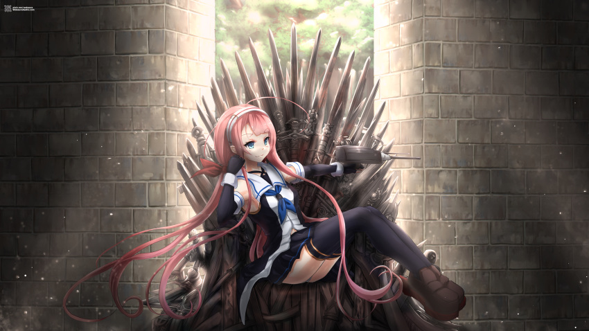 1girl absurdres ahoge asymmetrical_bangs bangs belt black_gloves black_legwear black_skirt blue_eyes cannon collared_shirt elbow_gloves fingerless_gloves game_of_thrones gloves hair_ribbon hairband highres iron_throne kantai_collection kawakaze_(kantai_collection) loafers long_hair low_twintails machinery neckerchief parody pleated_skirt pointy_ears red_hair ribbon shirt shoes sidelocks skirt sleeveless sleeveless_shirt solo sukeban sword thighhighs throne turret twintails very_long_hair wakaura_asaho weapon