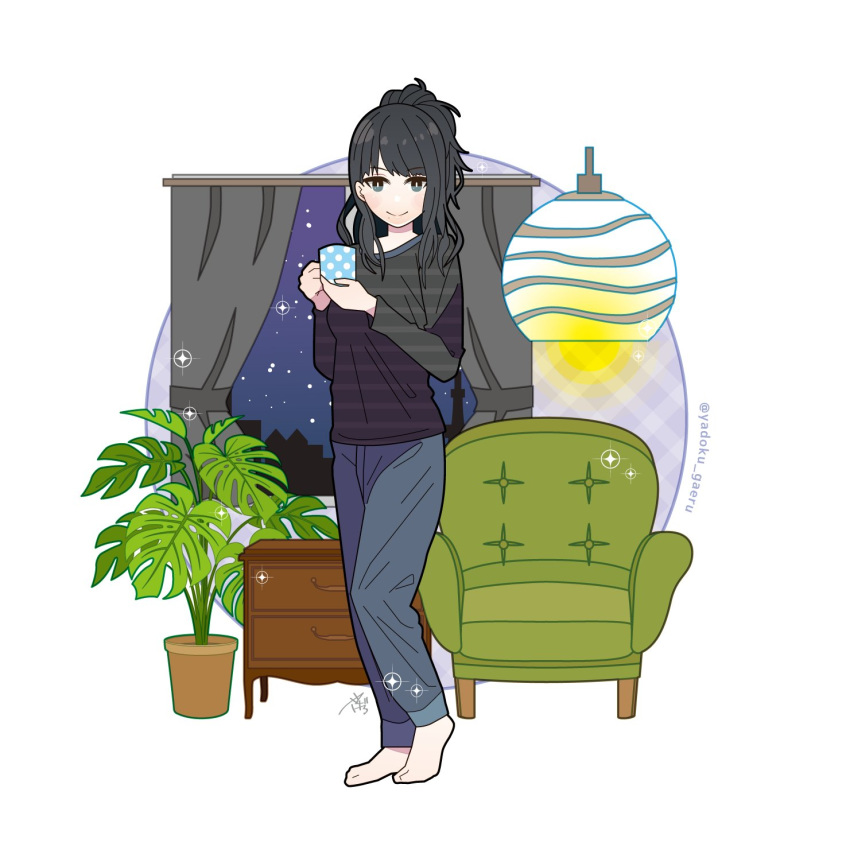 1girl bangs barefoot black_hair blue_eyes chair closed_mouth cup highres holding holding_cup idolmaster idolmaster_shiny_colors indoors kazano_hiori lamp living_room long_hair long_sleeves looking_at_viewer mole mole_under_mouth pants plant ponytail potted_plant smile solo standing sweatpants sweatshirt window yadokugaeru