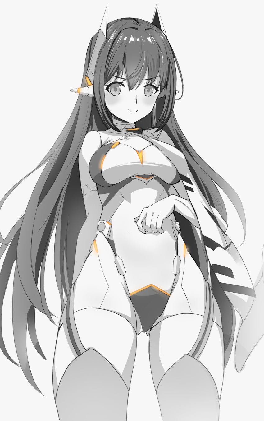 1girl android ass_visible_through_thighs bare_shoulders blush breasts from_below greyscale hana_jd highleg highleg_leotard highres kiiro_kimi leotard long_hair looking_at_viewer medium_breasts monochrome robot_ears smile solo thighhighs white_background xenoblade_(series) xenoblade_2