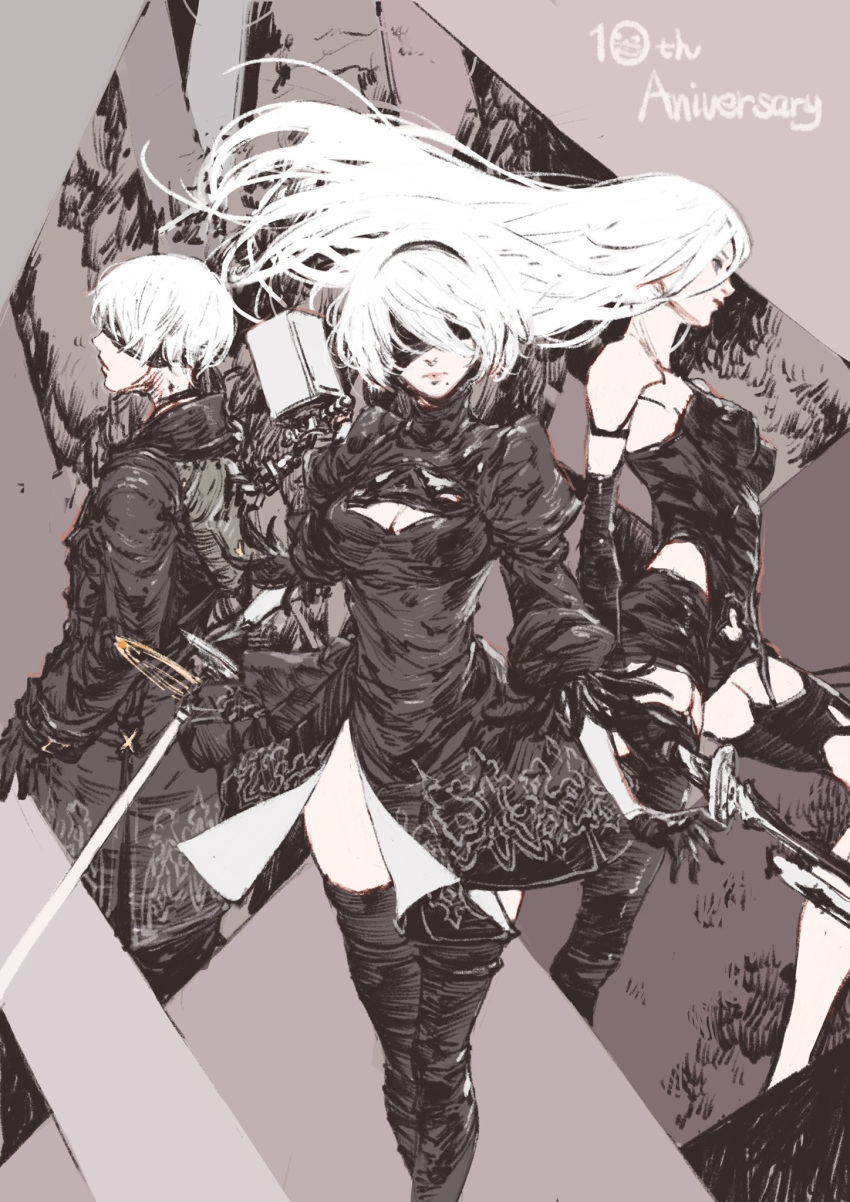 1boy 2girls anniversary back_cutout black_blindfold black_dress black_hairband blindfold boots cleavage_cutout commentary_request dress feather-trimmed_sleeves hairband high_heel_boots high_heels highres juliet_sleeves kazama_raita long_sleeves mole mole_under_mouth multiple_girls nier_(series) nier_automata puffy_sleeves short_hair silver_hair thigh_boots thighhighs thighhighs_under_boots yorha_no._2_type_b yorha_no._9_type_s yorha_type_a_no._2