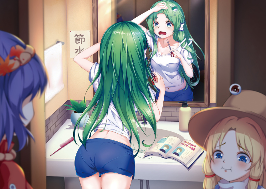 3girls :i absurdres arm_up ass blonde_hair blue_eyes blue_shorts book breasts cleavage collarbone commentary_request cowboy_shot frog_hair_ornament from_behind green_hair hair_ornament highres holding holding_scissors indoors kochiya_sanae long_hair midriff midriff_peek mirror moriya_suwako multiple_girls navel open_mouth pantylines plant potted_plant purple_hair pyonta red_shirt scissors shirt short_hair short_shorts short_sleeves shorts sidelocks snake_hair_ornament standing touhou translation_request white_shirt yamanakaume yasaka_kanako