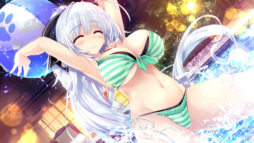 1girl armpits ayamori_leeruxu ball beachball bikini blush breasts carrying_overhead closed_eyes dutch_angle eyebrows_visible_through_hair fence game_cg groin hair_ribbon image_sample kokorone=pendulum! large_breasts long_hair navel oshiki_hitoshi paw_print ponytail pool ribbon silver_hair smile splashing striped striped_bikini swimsuit tree water wet yandere_sample