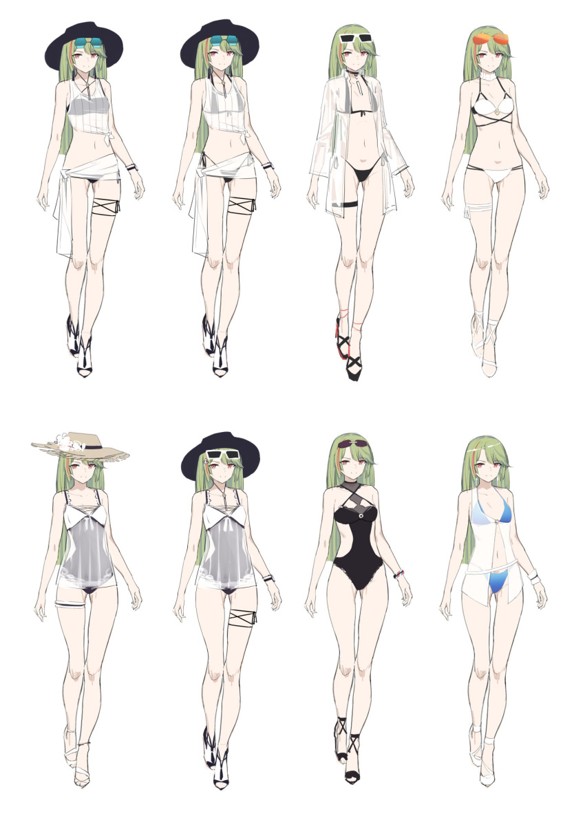 aiguillette azur_lane bikini black_bikini clothes_tug elpx_(gu_jian_shaonu) eyewear_on_head green_hair highres littorio_(azur_lane) littorio_(the_glory_of_naples)_(azur_lane) multicolored_hair streaked_hair sunglasses swimsuit watch wristwatch