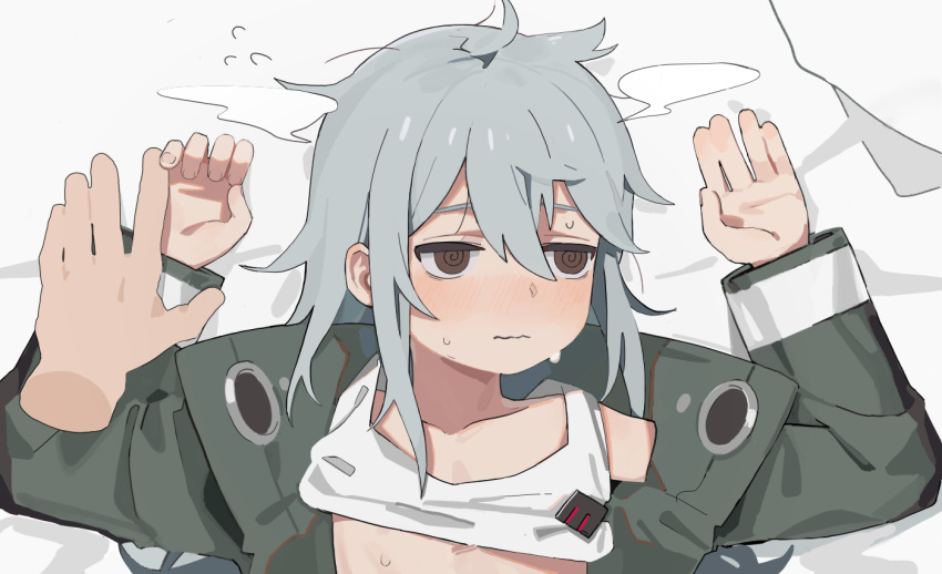 1girl @_@ arms_up blush collarbone disembodied_limb flat_chest g11_(girls_frontline) girls_frontline grabbing green_jacket jacket looking_away messy_hair on_bed shirt_lift solo_focus sweat tank_top upper_body wavy_mouth yuki_hotaru