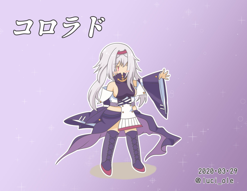 1girl azur_lane boots breasts character_name coat colorado_(azur_lane) commentary_request cross-laced_footwear dated full_body gradient gradient_background highres long_hair luci_ole pose purple_background purple_legwear purple_skirt red_eyes sideboob skirt solo sparkle thigh_boots thighhighs twitter_username white_hair