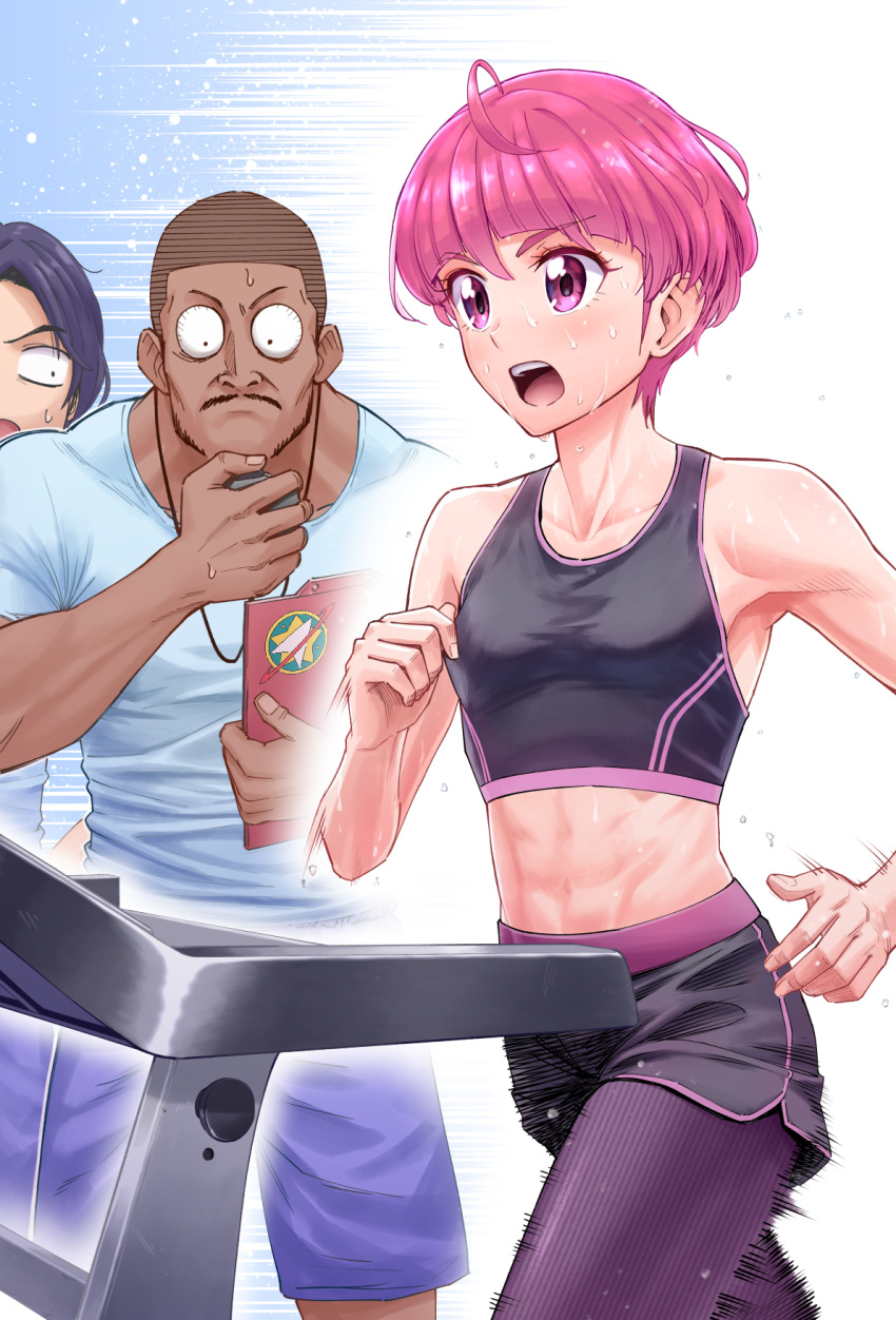 1girl 2boys abs ahoge armpits bangs beard blunt_bangs collarbone commentary_request constricted_pupils dark_skin exercise eyebrows_visible_through_hair facial_hair highres holding hoshina_hikaru itou_shin'ichi midriff multicolored_hair multiple_boys muscle muscular_female mustache navel no_mouth older open_mouth pantyhose pink_eyes pink_hair precure round_teeth running short_hair sideways_glance speed_lines sports_bra star_twinkle_precure stopwatch streaked_hair surprised sweat sweatdrop teeth toned treadmill upper_teeth watch wide-eyed