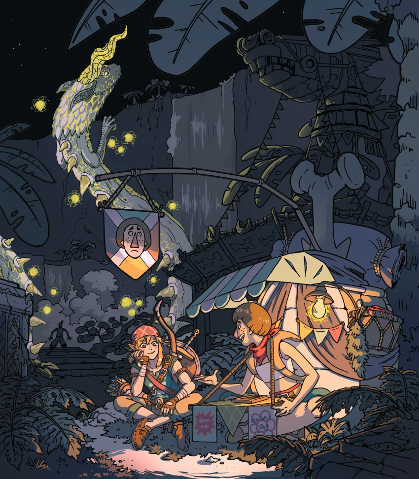2boys arrow backpack bag bandana beedle bow_(weapon) brown_hair dragon fingerless_gloves freckles gloves highres lantern link miriam_bonastre multiple_boys night open_mouth pointy_ears quiver sitting smile sword the_legend_of_zelda the_legend_of_zelda:_breath_of_the_wild weapon weapon_on_back