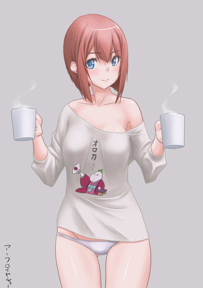 1girl alternate_costume ark_royal_(kantai_collection) ass_visible_through_thighs bangs bare_shoulders blunt_bangs bob_cut clothes_writing commentary_request cowboy_shot cup grey_background highres inverted_bob kantai_collection long_sleeves mug off-shoulder_shirt off_shoulder panties red_hair shirt short_hair simple_background smile solo t2r underwear white_panties white_shirt