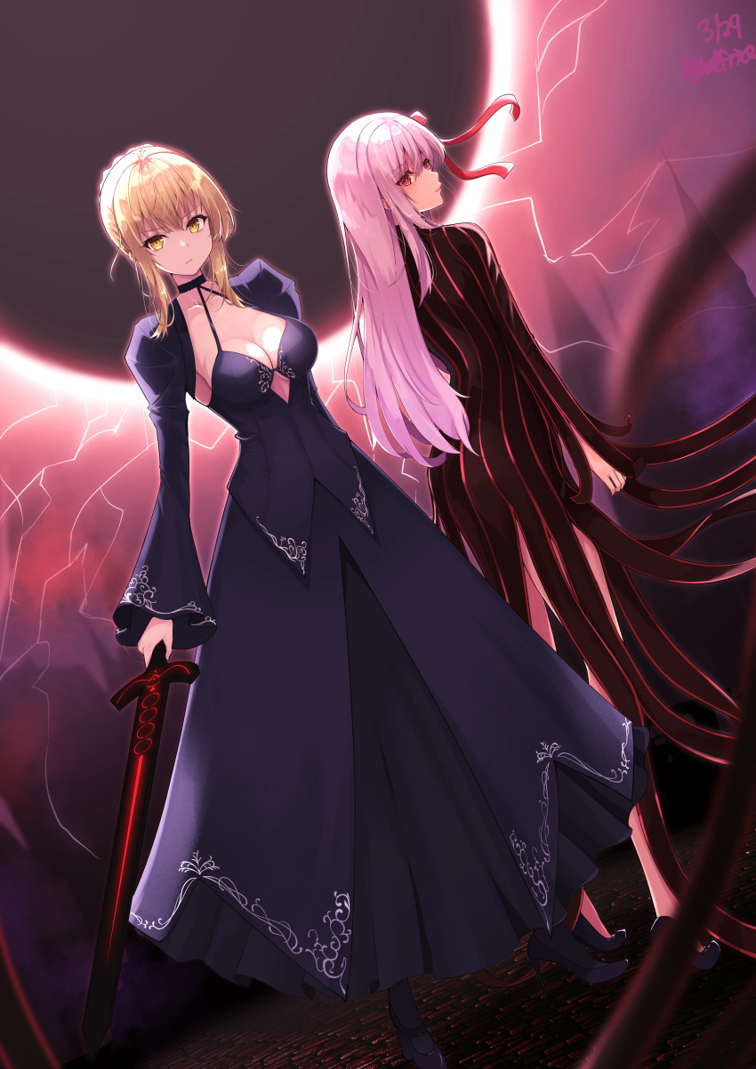 2girls absurdres artoria_pendragon_(all) ass bangs black_choker black_dress black_footwear blonde_hair braid breasts choker cleavage collarbone commentary_request dark_excalibur dark_persona dark_sakura dated dress excalibur eyebrows_visible_through_hair fate/stay_night fate_(series) hair_ribbon heaven's_feel highres holding holding_sword holding_weapon long_hair looking_at_viewer matou_sakura medium_breasts medium_hair multiple_girls red_dress red_eyes ribbon saber_alter shiina_aoi shoes sword two-tone_dress weapon white_hair yellow_eyes