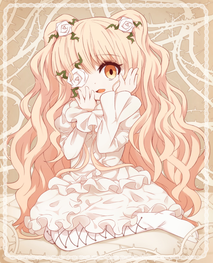 1girl absurdres blonde_hair boots brown_background brown_eyes cross-laced_footwear dress flower flower_over_eye frilled_dress frills hands_on_own_face hands_up high_heel_boots high_heels highres juliet_sleeves kirakishou lace-up_boots long_hair long_sleeves looking_at_viewer puffy_sleeves rose rozen_maiden sitting solo thigh_boots thighhighs thorns two_side_up very_long_hair wariza wavy_hair white_dress white_flower white_footwear white_legwear white_rose yuya090602