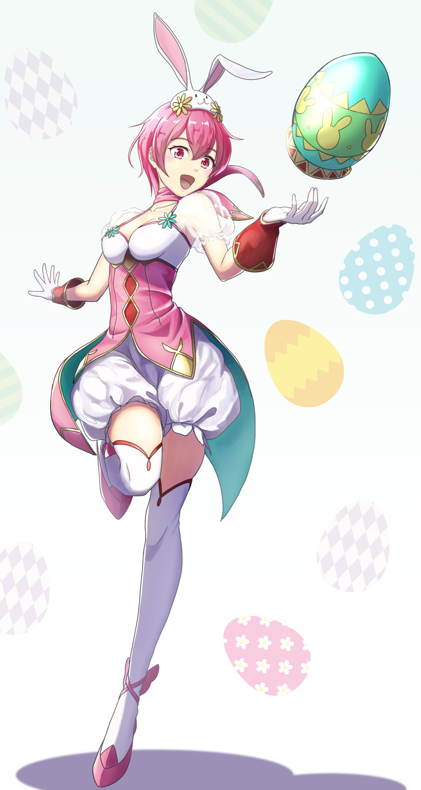 1girl :d absurdres animal_ears bangs breasts bunny_ears cleavage easter_egg egg est_(fire_emblem) fake_animal_ears fire_emblem fire_emblem:_mystery_of_the_emblem gloves gzo1206 hair_between_eyes highres medium_breasts open_mouth pink_hair pink_neckwear puffy_shorts red_eyes shiny shiny_hair short_hair short_shorts shorts smile solo standing standing_on_one_leg thighhighs white_background white_gloves white_legwear white_shorts zettai_ryouiki