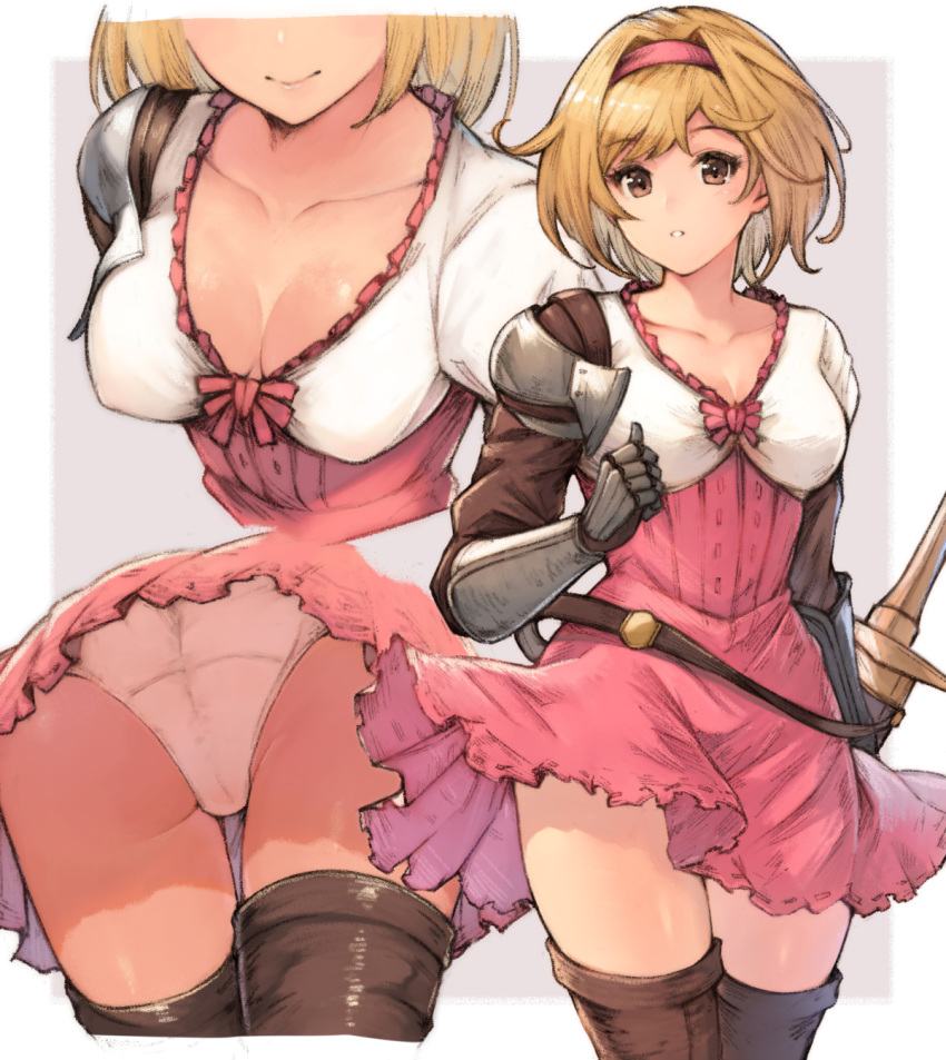 1girl ass bangs belt blonde_hair blush breasts brown_eyes cleavage closed_mouth collarbone djeeta_(granblue_fantasy) dress fighter_(granblue_fantasy) gauntlets granblue_fantasy hairband highres koretsuki_azuma looking_at_viewer medium_breasts multiple_views parted_lips pink_dress pink_hairband puffy_sleeves sheath short_hair single_pauldron smile swept_bangs sword thighs weapon