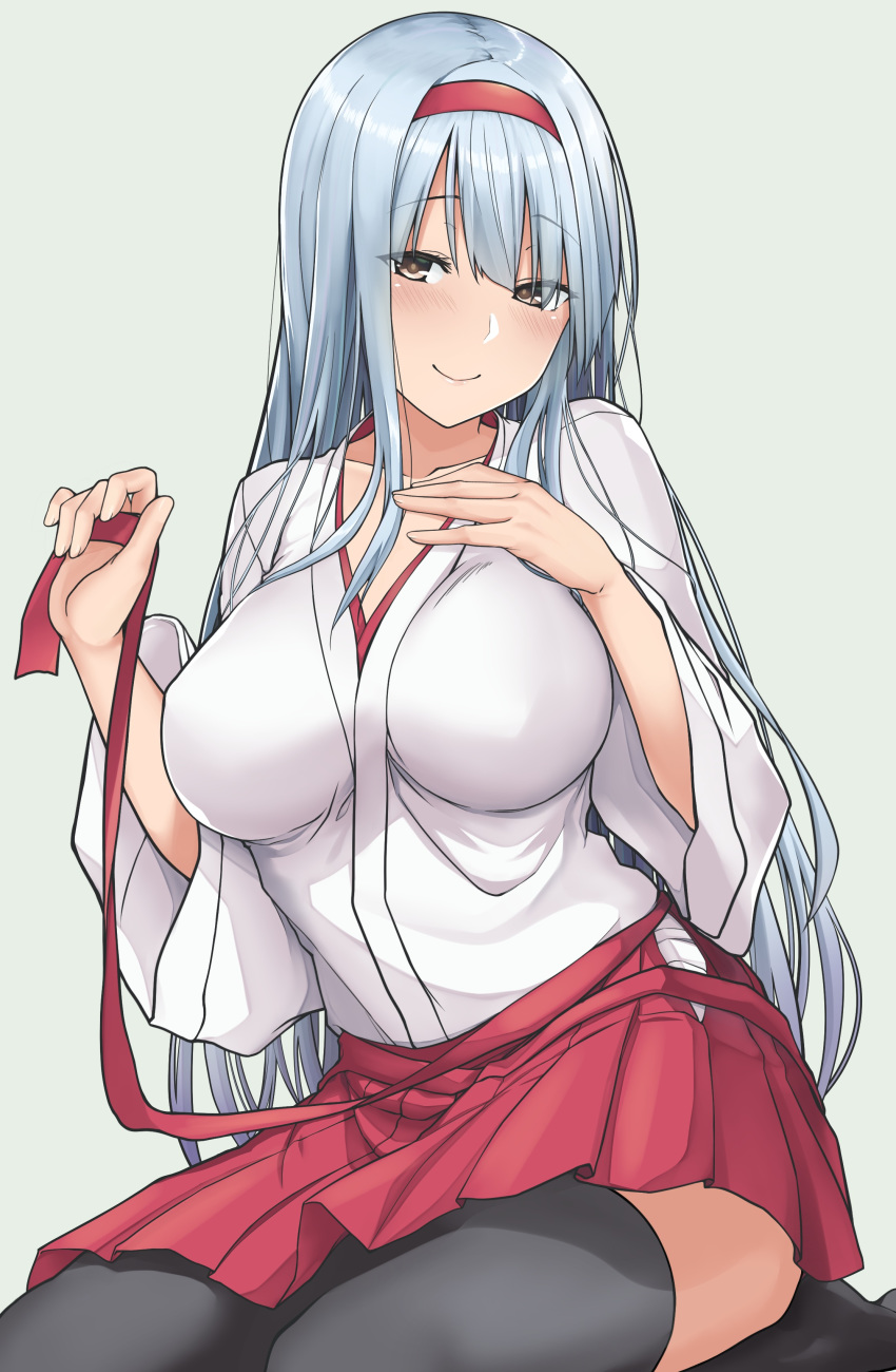 1girl absurdres bangs black_legwear blush breasts brown_eyes commentary covered_nipples eyebrows_visible_through_hair grey_background hairband hakama hakama_skirt hand_on_own_chest highres japanese_clothes kantai_collection large_breasts long_hair red_hairband red_hakama satou_samu shoukaku_(kantai_collection) silver_hair simple_background sitting smile solo thighhighs wide_sleeves