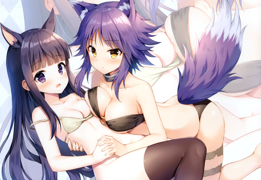 2girls absurdres aki_makoto animal_ear_fluff animal_ears argyle argyle_background bangs bare_arms bare_shoulders bikini bikini_top black_bikini blue_background blunt_bangs blush bottomless breasts brown_bikini brown_eyes brown_legwear cleavage closed_mouth collarbone extra_ears eyebrows_visible_through_hair groin highres kirihara_kasumi kneeling kutata long_hair looking_at_viewer medium_breasts multiple_girls o-ring o-ring_top open_mouth princess_connect! princess_connect!_re:dive purple_eyes purple_hair scan small_breasts swimsuit tail thighhighs very_long_hair wolf_ears wolf_girl wolf_tail zoom_layer