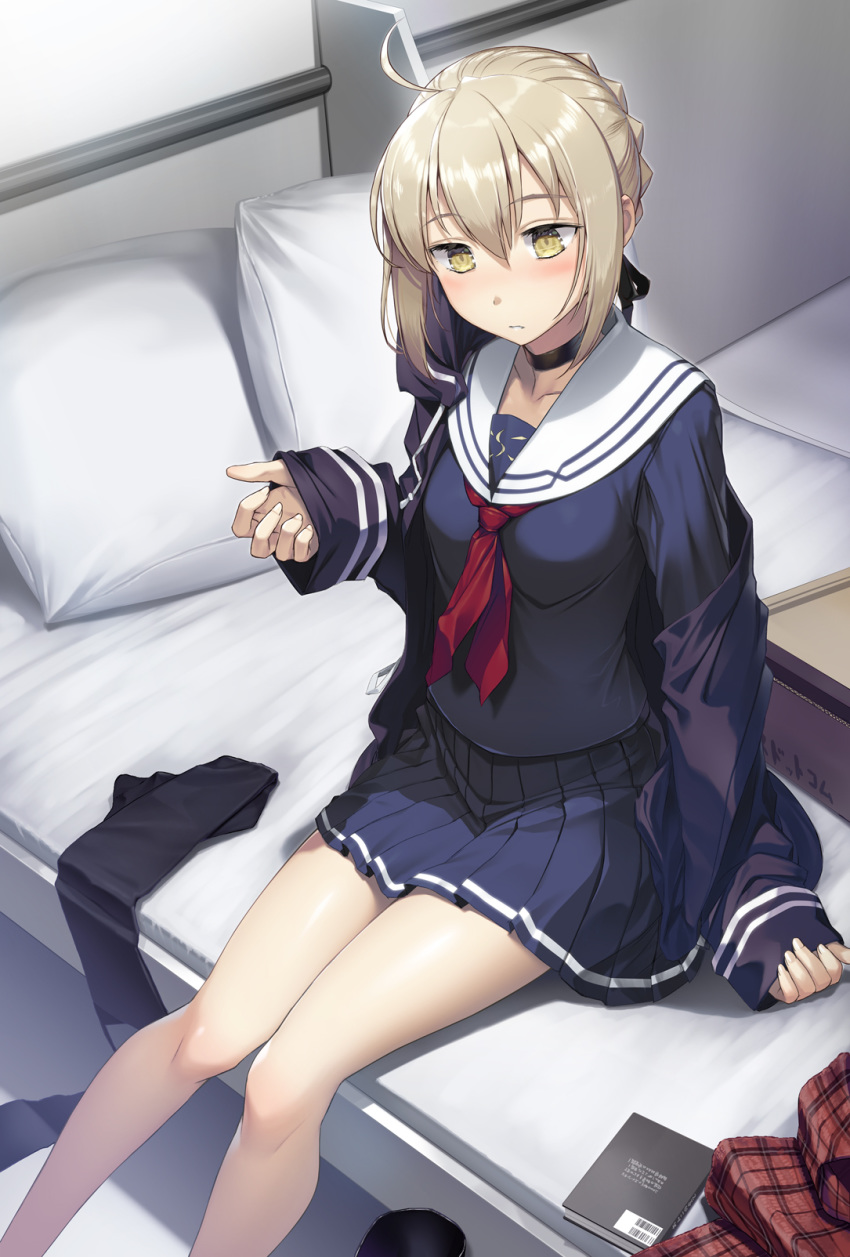 1girl ahoge artoria_pendragon_(all) bangs black_jacket black_legwear black_shirt black_skirt blonde_hair blush braid commentary_request fate/grand_order fate_(series) frown hair_between_eyes highres indoors jacket long_sleeves looking_at_viewer mysterious_heroine_x_(alter) nonderi scarf shirt sitting skirt solo thighhighs_removed yellow_eyes