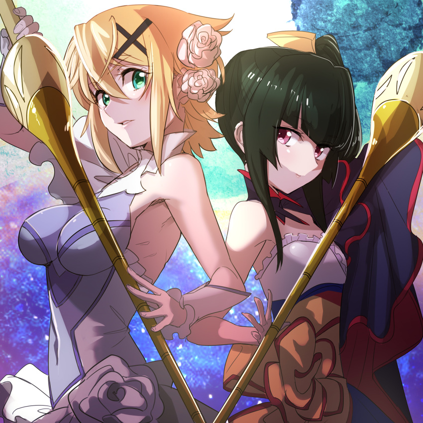 2girls akatsuki_kirika asymmetrical_hair bangs blonde_hair breasts breasts_apart closed_mouth cosplay covered_navel eyebrows_visible_through_hair flower green_eyes green_hair hair_between_eyes hair_flower hair_ornament highres hinomoto_madoka holding holding_weapon kazanari_tsubasa kazanari_tsubasa_(cosplay) lance long_hair looking_at_viewer maria_cadenzavna_eve maria_cadenzavna_eve_(cosplay) medium_breasts multiple_girls parted_lips polearm red_eyes rose senki_zesshou_symphogear shiny shiny_hair short_hair side_ponytail sideboob tsukuyomi_shirabe upper_body weapon white_flower white_rose x_hair_ornament