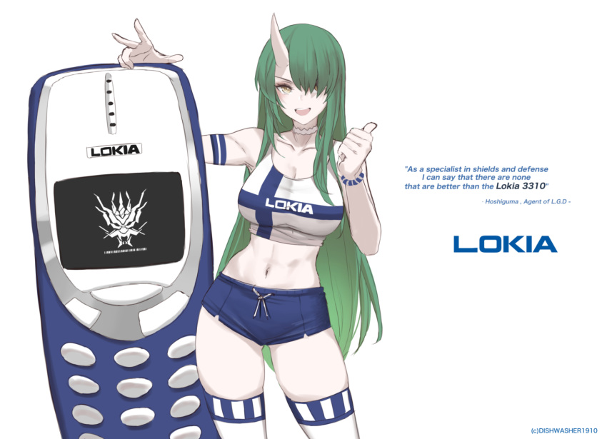 1girl :d arknights arm_up armband armpits artist_name bangs bare_shoulders blue_shorts bracelet brand_name_imitation breasts cellphone choker cleavage clothes_writing collarbone commentary cowboy_shot crop_top dishwasher1910 english_commentary english_text finnish_flag green_hair hair_over_one_eye hand_up highres horn hoshiguma_(arknights) jewelry large_breasts logo long_hair looking_at_viewer midriff navel nokia_(company) oni_horn open_mouth phone shirt short_shorts shorts simple_background sleeveless sleeveless_shirt smile solo standing thigh_strap thighs thumbs_up very_long_hair watermark white_background yellow_eyes