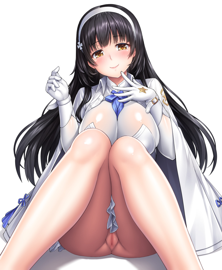 1girl absurdres bangs between_breasts black_hair blue_ribbon blunt_bangs blush bottomless breasts cleavage_cutout closed_mouth detached_sleeves eyebrows_visible_through_hair eyelashes fanbox_reward flower girls_frontline gloves hair_flower hair_ornament hairband halter_top halterneck hand_to_own_mouth hands_up highres jacket jacket_on_shoulders knees_together_feet_apart knees_up lambda_(kusowarota) large_breasts legs long_hair long_sleeves looking_at_viewer miniskirt no_panties open_clothes open_jacket paid_reward pink_lips pleated_skirt pussy qbz-95_(girls_frontline) ribbon shiny shiny_clothes shirt simple_background sitting skin_tight skirt sleeveless smile solo thighs turtleneck uncensored upskirt white_background white_gloves white_hairband white_skirt yellow_eyes