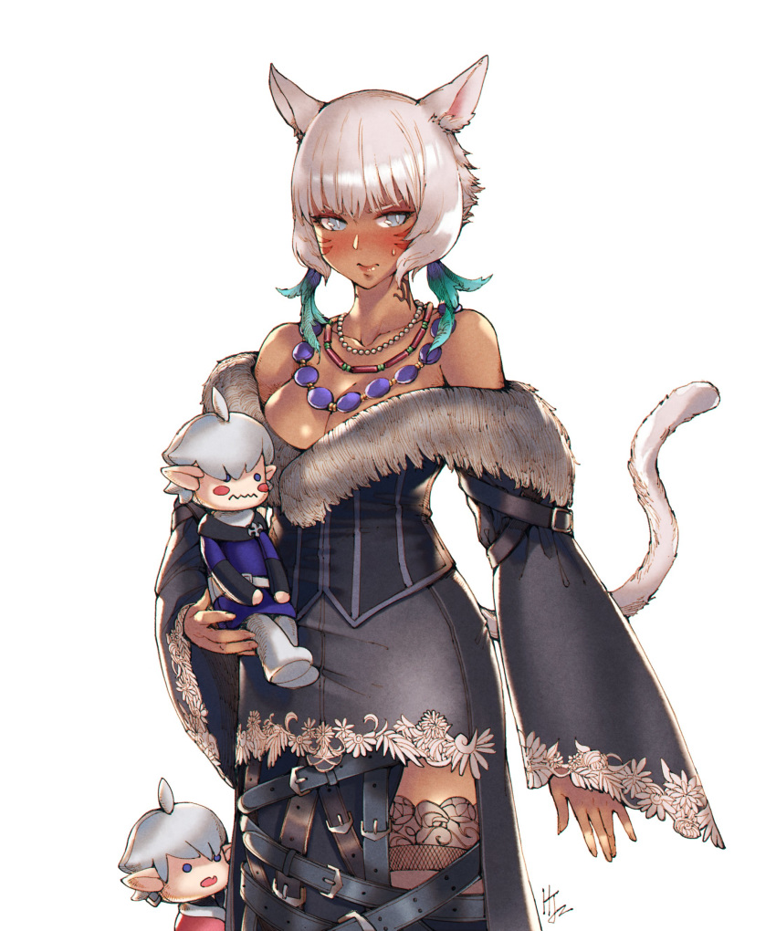 absurdres alisaie_leveilleur alphinaud_leveilleur animal_ears bare_shoulders blush breasts cat_ears cat_girl cat_tail cleavage corset cosplay dark_skin dress facial_mark final_fantasy final_fantasy_x final_fantasy_xiv fur_trim grey_eyes haimerejzero highres jewelry large_breasts lulu_(ff10) lulu_(ff10)_(cosplay) miqo'te necklace off-shoulder_dress off_shoulder short_hair stuffed_toy tail tattoo thighhighs thighs whisker_markings white_hair wide_sleeves y'shtola_rhul