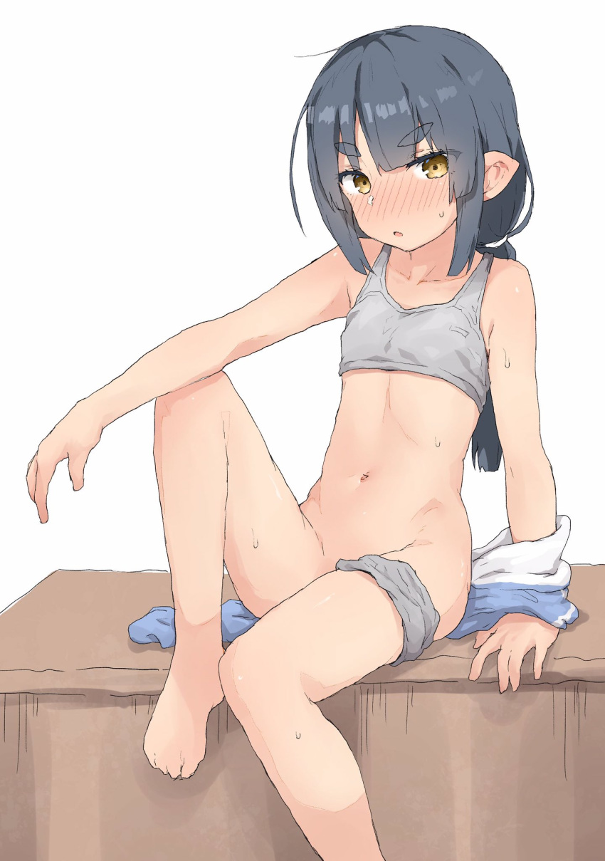 1girl akari_(raigou) arm_support bangs bare_arms bare_shoulders barefoot black_hair blush borrowed_character bra breasts brown_hair collarbone eyebrows_visible_through_hair feet_out_of_frame grey_bra grey_panties groin highres knee_up long_hair looking_at_viewer low_ponytail navel nose_blush original panties panties_around_one_leg parted_lips ponytail raigou short_eyebrows sidelocks simple_background sitting small_breasts solo sweat thick_eyebrows underwear white_background